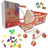 Shopping Cart for Kids, Toy Shopping Cart with Basket & 24pc Food Set Small Shopping Cart Toy, Folding Kids Shopping Cart, Toddler Shopping Cart, (Floral)