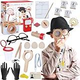 Spy Kit for Kids Detective Outfit Fingerprint Toys with Hat, Wooden Magnifying Glass and Detective Tools, Investigations Science Role Play Toy Gifts for Toddlers Boys Girls Kids Aged 3+