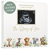 Baby Book Keepsake - Timeless Baby Memory Book for Boy or Girl I First 5 Year I Faux Leather, Gender Neutral, Safari Theme w/Gold Foil Stamp - Baby First Year Book Journal Scrapbook Photo Album Shower