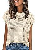 ANRABESS Womens Summer Crochet Sweater Tops Casual Cap Short Sleeve Hollow Out Mesh Knit Beach Cover Up Shirts 2025 Spring Beige Medium