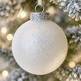 SLEETLY 8pc Large White Ball Ornaments for Christmas Trees Holiday Xmas Decorations - Big Shatterproof Plastic 4.72 inch Glitter Snow Balls with White Ribbon Hangers and Snowflakes Set