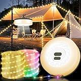 Camping String Lights, 4 in 1 Quick Storage Camping Essentials Gear 32.8FT Rechargeable Tent Lights with 9 Modes Hanging Waterproof LED Camp Lamp for Camping Hiking Patio Garden Festival -Warm +RGB