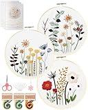 Santune 3 Sets Embroidery Kit,Cross Stitch Kits for Beginners,Needlepoint Kits for Adults with Easy Floral Pattern Hand Crafts,Hoop,Needle,Mothers Day Gifts