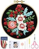ERKOON Embroidery Kit for Beginners, Flower Cross Stitch Set for Include Embroidery Cloth Hoops Threads for Craft Lover Hand Stitch with Embroidery Skill Techniques (Dream Black Cloth)