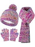 Glooarm Kids Winter Hat Gloves Scarf Set, Girls Toddler Knit Scarf Warm Gloves with Fleece Lined Beanie for 2-14 Years