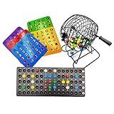Yuanhe Deluxe Bingo Game Set - 6 Inch Metal Cage with Calling Board, 5 Shutter Slide Cards, 75 Colored Balls, for Large Group Games