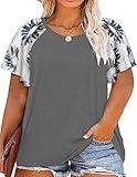 HDLTE Women Plus Size Tops Casual Summer Shirt Floral Bell Short Sleeve Tunic for Ladies Oversized Blouse(B-06_Light Grey,XL)