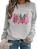 APRFLOWER Christmas Sweatshirts Women Colorful Christmas Tree Graphic Shirt Xmas Holiday Party Long Sleeve Pullover Blouse Grey