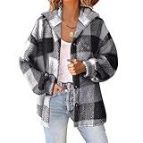 Droeadgor winter coats for women, 2024 best Prime+deals today your+orders Plaid Fleece Shacket Jacket Women Oversized Flannel Button Fall Hoodie Jackets With Pockets Casual Warm Winter Coats Grey-2 L