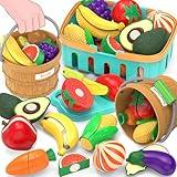 Sorting Play Food Sets - 2 Buckets with Handle, 1 Storage Basket, Fruit&Vegetable Cutting Food Toy, Pretend Fake Kids Kitchen Accessories for Preschool Learning,Birthday Gifts for Toddler Educational