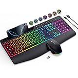 Wireless Keyboard and Mouse Combo- VEILZOR 2.4G Rechargeable Keyboard with Phone Holder, Ergonomic Wrist Rest, 9 RGB Backlit Effects, Silent Keyboard Mouse Set for Windows, Laptop, PC