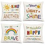 Colourful Words Inspirational Quotes Rainbow Sun Be Kind Brave Happy Sunshine Decorative Classroom Throw Pillow Cover Cushion Case for Kids Gifts,Home Sofa Bed Playroom Decor 18 x18 Inch Set Of 4