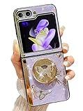 AMAZFCCY Galaxy Z Flip5 Kickstand Case,Cute Bling Butterfly Floral Elegant Luxury Rhinestone Diamond Shockproof Soft TPU Bumper Cover for Girls Women for Samsung Galaxy Z Flip 5 2023 (Purple)