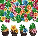 GDRPGY 88pcs Tropical turtle back cupcake decoration, edible wafer paper green leaves colorful flowers Hawaiian series theme wedding birthday party plug-in(Turtle back leaves + flowers mixed 88 pcs)