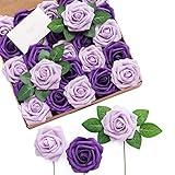 Ling's Moment Artificial Flowers 25Pcs Lilac & Purple Roses Decor w/Stems,3" Real Touch DIY Foam Floral for Wedding Bouquet/Centerpieces, Outdoors Party Backdrop, Room/Table, and Garden/Pot Decor