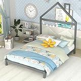Full Bed Frame with Headboard and Slats, Full Size Platform Bed with House Shaped Headboard, Full Size Bed for Kids, Boys, Girls, Gray