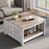 YITAHOME Coffee Table Farmhouse Coffee Table with Storage Rustic Wood Cocktail Table, Square Coffee Tables for Living Meeting Room with Half Open Storage Compartment, Grey Wash