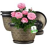 10 Inch Plant Pots, 4 Pack Flower Pots Outdoor with Drainage Holes & Trays, Retro Antique Imitation Decorative Garden Plastic Pots for Plants Indoor Sets for Houseplants