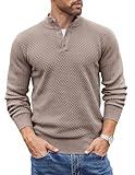 COOFANDY Men's Knit Sweater Pullover Long Sleeve Lightweight Sweaters Stand Collar Button Sweater Jumper Brown and Grey L