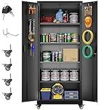 Aobabo 73''H Metal Garage Storage Cabinet with Wheels,Steel Cabinets with 2 Doors and 4 Adjustable Shelves for Home Office,Required Assembly,Black