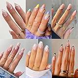 6 Packs (144 Pcs) Press on Nails Medium Design, Misssix Fake Nails Almond and Square Glue on Nails Set with Adhesive Tabs Nail File Acrylic False Nail Kits for Women