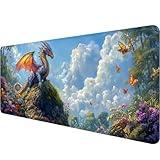 Fantasy Dragon Desk Pad Mouse Pad Forest Colorful Butterfly Flower Mousepad XL Large Gaming Mouse Pad Laptop Keyboard Mat Desk Pad 31.5"x11.8" Office Home Decor for Women Girl