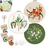 Santune 3 Sets Embroidery Kit for Beginners Needlepoint Cross Stitch Kits for Adults,Stitch Learning DIY Sets with Instruction Video,Stamped Floral Patterns,Hoop,Threads,Sewing Hobby