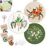 Santune 3 Sets Embroidery Kit for Beginners Needlepoint Cross Stitch Kits for Adults,Stitch Learning DIY Kit with Easy Instruction Video,Stamped Floral Embroidery Patterns,Hoop,Threads,Sewing Hobby