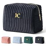 COSHAYSOO Personalized 16th 18th 21st Birthday Gifts for Girls Travel Makeup Bag Quilted Make Up Cosmetic Pouch 16 17 18 19 20 21 Year Old Girl College Dorm Essentials Black Velvet Initial Letter C