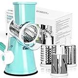 X Home Rotary Cheese Grater for Kitchen, Shredder with 3 Interchangeable Blades, Rotary Grater with Handle and Strong Suction Base, for Vegetables, Fruit, Nuts, Easy to Use and Clean, Blue