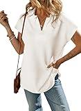 SHEWIN Womens Tops Trendy V Neck Summer Tee Shirt Loose fit Collared Short Sleeve Tunic Top Spring Shirts for Women Trendy 2024 White US 8-10(M)