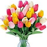 Sggvecsy 15 Pcs Fake Tulips Artificial Flowers Real Touch PU Faux Flowers Tulip Stems for Wedding Spring Bouquet Floral Arrangement Home Office Party Decorations for Mother's Day (Multi Colors)