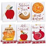 Yinkin 6 Pcs Rosh Hashanah Kitchen Towels Shana Tova Pomegranate Apple and Bee Challah Proofing Towels Decorations Printed with Cartoon Rosh Hashanah Jewish Holiday Hostess Gift for Home Cleaning Cook