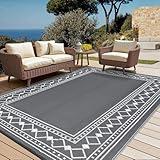 Outdoor Rug Waterproof for Patio, 8x10 Foldable Reversible Plastic Straw Carpet for Travel Trailers, Bordered Outside Area Mat for Rv, Deck, Picnic, Porch, Camper, Balcony, Beach, Grey/White