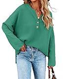 Saodimallsu Womens Oversized V Neck Batwing Long Sleeve Button Soft Fall Winter Cozy Chunky Knitted Pullover Sweaters Lake Green