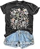 Women's Vintage Floral T Shirt Boho Wildflower Graphic Loose Tees Short Sleeve Casual Tops (A1-Dark Grey1, L)