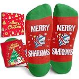 HAPPYPOP Christmas Gifts Stocking Socks for Teen Men Women - Secret Santa Socks Xmas Stocking Stuffers Greeting Card for Dad Mom Red Shark Ocean Animal