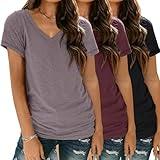 3 Pack V Neck T Shirts for Women Short Sleeve Tshirts Summer Casual Tops Loose Fit Basic Tees HeathergreyRedBlack XL