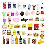 50 Pcs Miniature Food Drink Bottles Soda Pop Cans Pretend Play Kitchen Game Party Accessories Toys Hamburg Cake Ice Cream for 1/12 Doll House (25Food+25Drink)