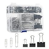 Assorted Size Binder Clips & Jumbo Paper Clips Set - 340pcs Black, Large for Office & School Supplies, in Container with Compartments