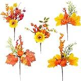 FAICOIA 5 Pcs Fall Stems Artificial Berry Picks Artificial Flowers Mum Autumn Fall Floral Picks with Maple Leaves Pumpkins Sunflower Harvest Branches for Thanksgiving Halloween Wreaths Decor