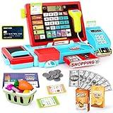 maysida 52PCS Toy Cash Register for Kids with Sound Music/Scanner/Microphone/Credit Card/Play Money, Pretend Learning Toy Kids Cash Register, Christmas Birthday Gift for Toddlers Girl Boy Age 3 4 5 6