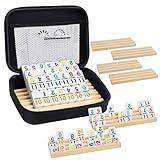 Mexican Train Dominoes Set with Numbers and 8 Wooden Trays/Racks, Double 12 Dominos Travel Set with 8 Tiles Holders, 91 Tiles Double 12 Colored Dominoes Game Set with Portable Case for Families Kids