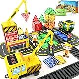 Magnetic Tiles Magnetic Construction Set with 2 Cranes Boys Toys for Ages 3-5 5-7 8-10 Building Toys Includes Crane, Road Tracks, Train, Train Tracks, Dolls, Car Toy, Traffic Lights and Stations