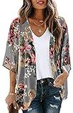 Women's Floral Print Puff Sleeve Kimono Cardigan Loose Cover Up Casual Blouse Tops (DarkGrey,3XL)