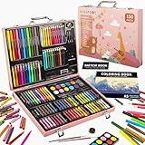 KINSPORY 150PC Art Set with Sketch Book, Coloring Art Kit Drawing Art Supplies Case, Markers Crayon Colour Pencils for Budding Artists Kids Teens Boys (Pink)