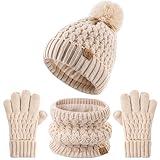 Kids Pompom Winter Beanie Hat Scart Gloves Set,Boys Girls Knitted Fleece Lined Woollen Hat for Children's Toddler 3-9 Years