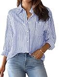 AISEW Womens Button Down Shirts Striped Classic Long Sleeve Collared Office Work Blouses Tops with Pocket (Blue, 7002M)