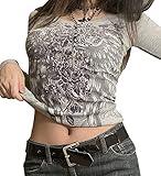 Rhinestone y2k Grunge Top 90's Aesthetic Clothes Y2K Shirt Long Sleeve Tees Grey S