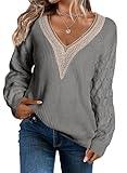 EVALESS Womens Long Sleeve Sweaters Fall 2024 Trendy Sexy Lace V Neck Knit Drop Shoulder Ladies Winter Plus Size Pullover Sweater Jumper Tops Gray XX-Large